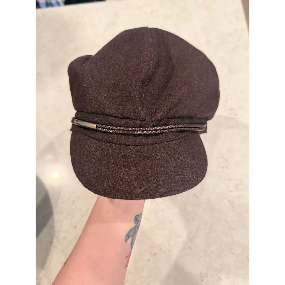Nine West Brown Wool Blend Newsboy Hat Y2K Baker Boy Cabbie Cap Braided Trim